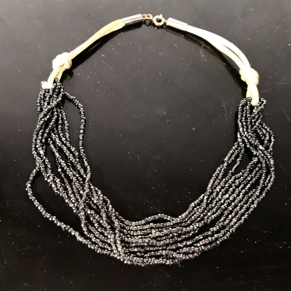 Vintage Silk Hematite Choker Beaded Necklace 9 Strand Formal Evening - Picture 3 of 5